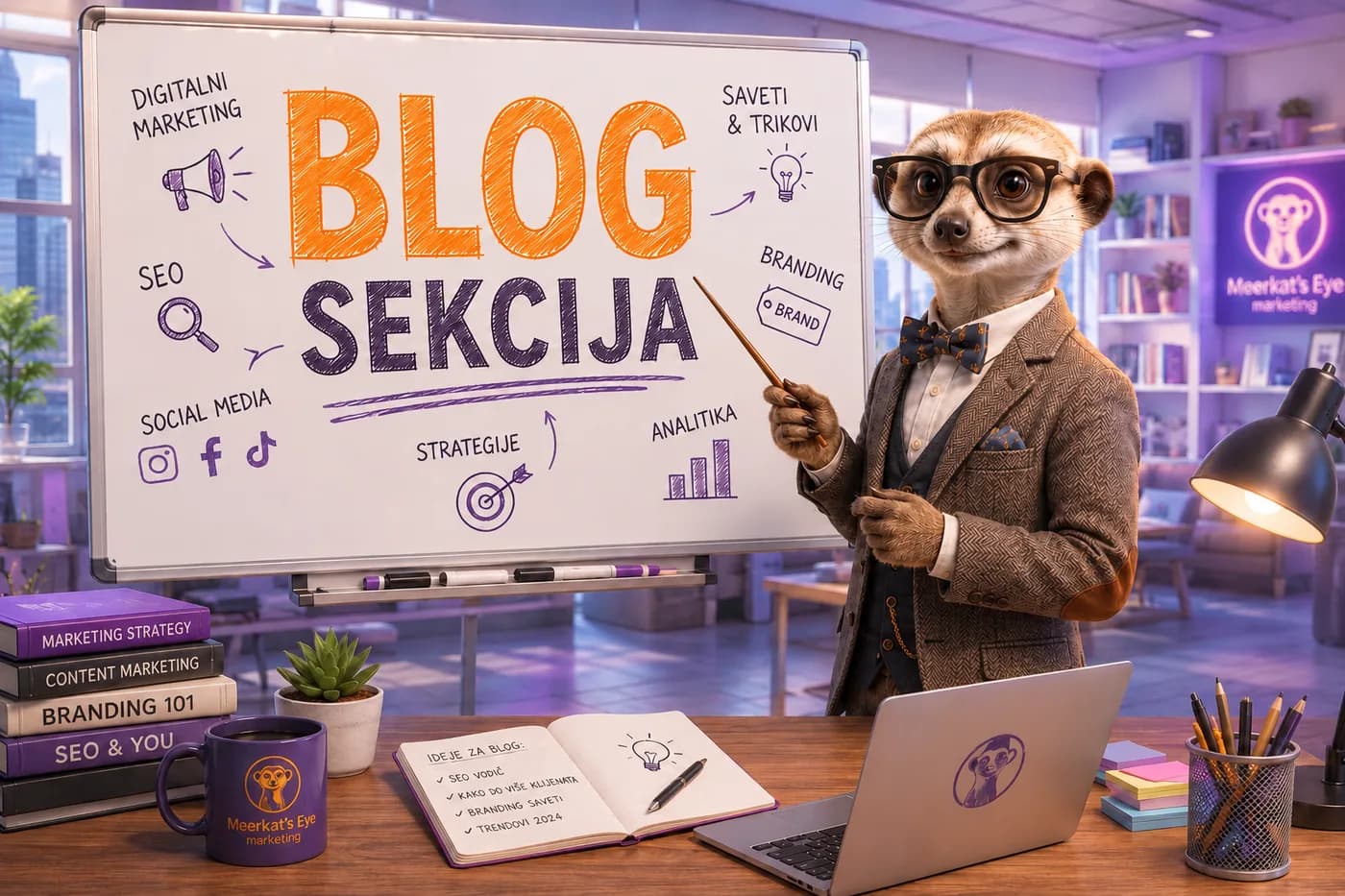 Merkat u odelu pokazuje na tablu sa temama bloga: digitalni marketing, SEO, društvene mreže, saveti i trikovi, branding, strategije i analitika