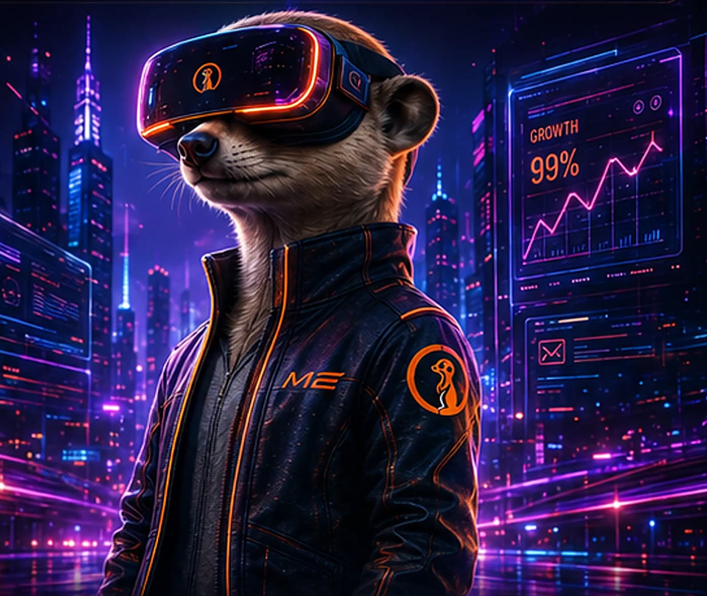 Merkat u VR naočarima, zaštitni lik agencije Meerkat's Eye marketing, ispred neonskog grada sa grafikonima rasta kampanja