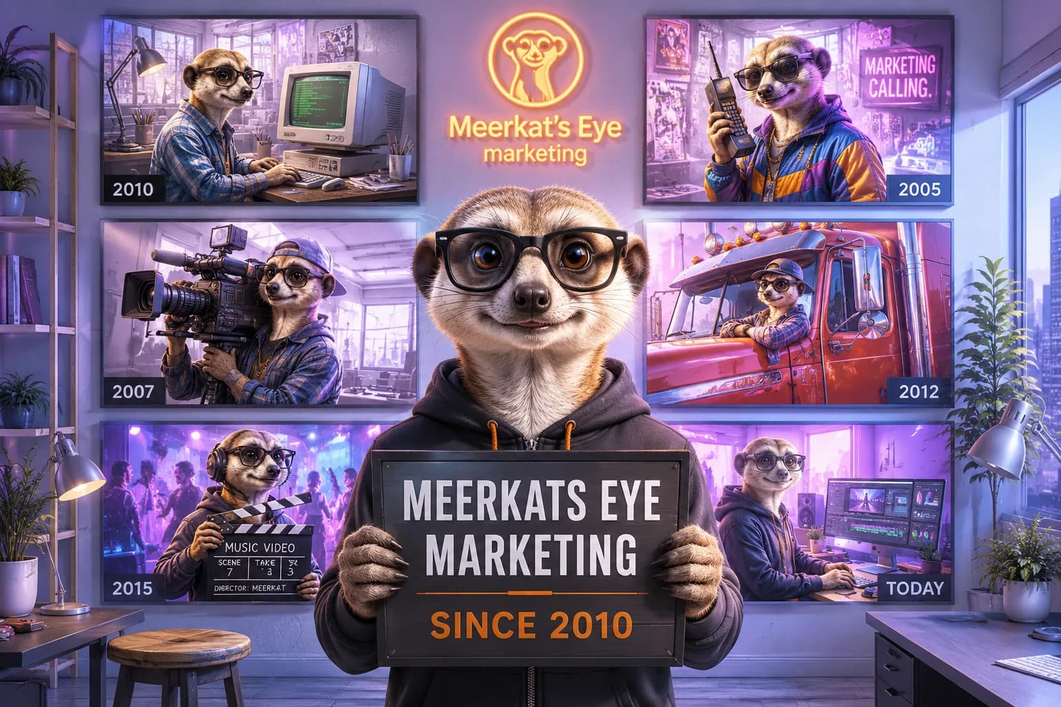 Merkat drži tablu sa natpisom Meerkats Eye Marketing since 2010, ispred zida sa fotografijama iz karijere agencije